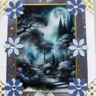 Blue Twilight Moon - Hand Crafted 3D Decoupage Card - Blank 3122