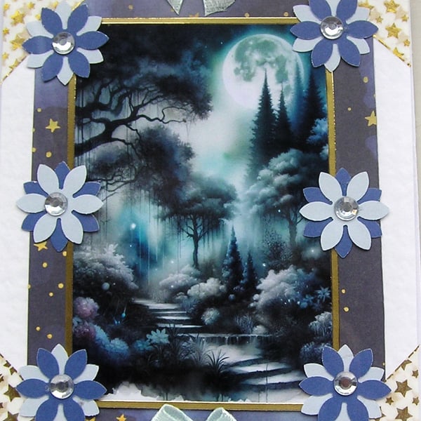 Blue Twilight Moon - Hand Crafted 3D Decoupage Card - Blank 3122