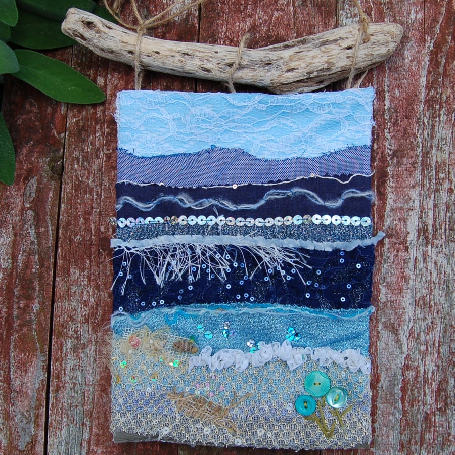 Upcycled  wall hanging.  Slow Stitched Textile Art coastal scene. 