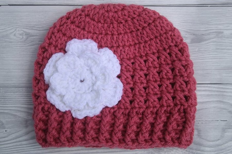 Baby Flower Beanie Hat, Dark Pink with White Flower, Sizes Newborn to 12 Months