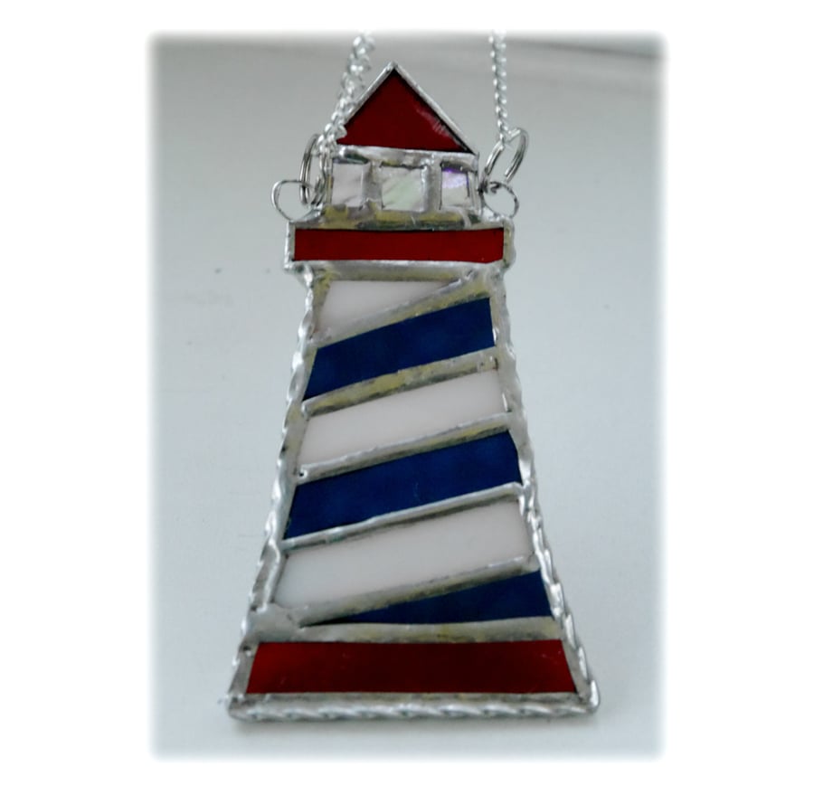Lighthouse Suncatcher Stained Glass Handmade Blue 002