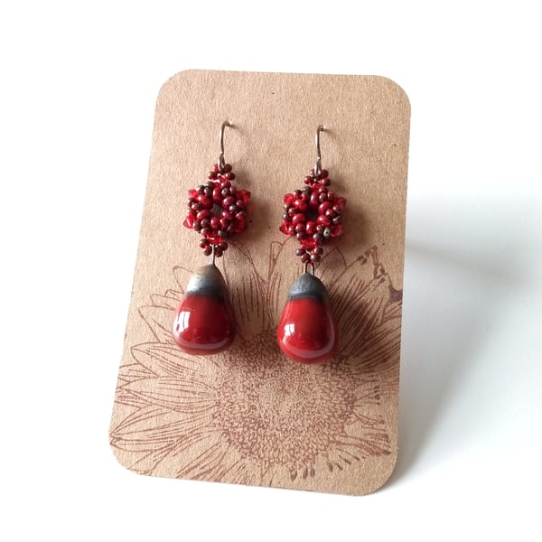 Dark Cherry Red Beaded Drop Earrings