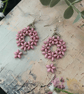 Earrings Pretty Pink glass beaded daisy design dangle hoop handcrafted earrings 