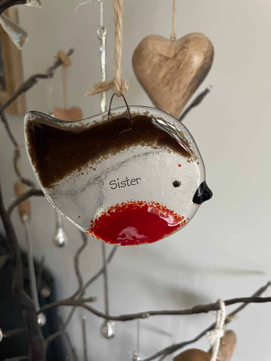 Handmade Fused Glass Sister Robin Christmas Decoration