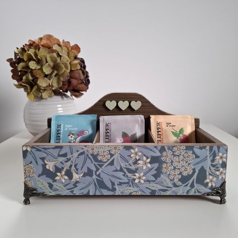 Decoupaged Wooden Tea Box, Hand Painted Floral Compartment Storage Home Decor