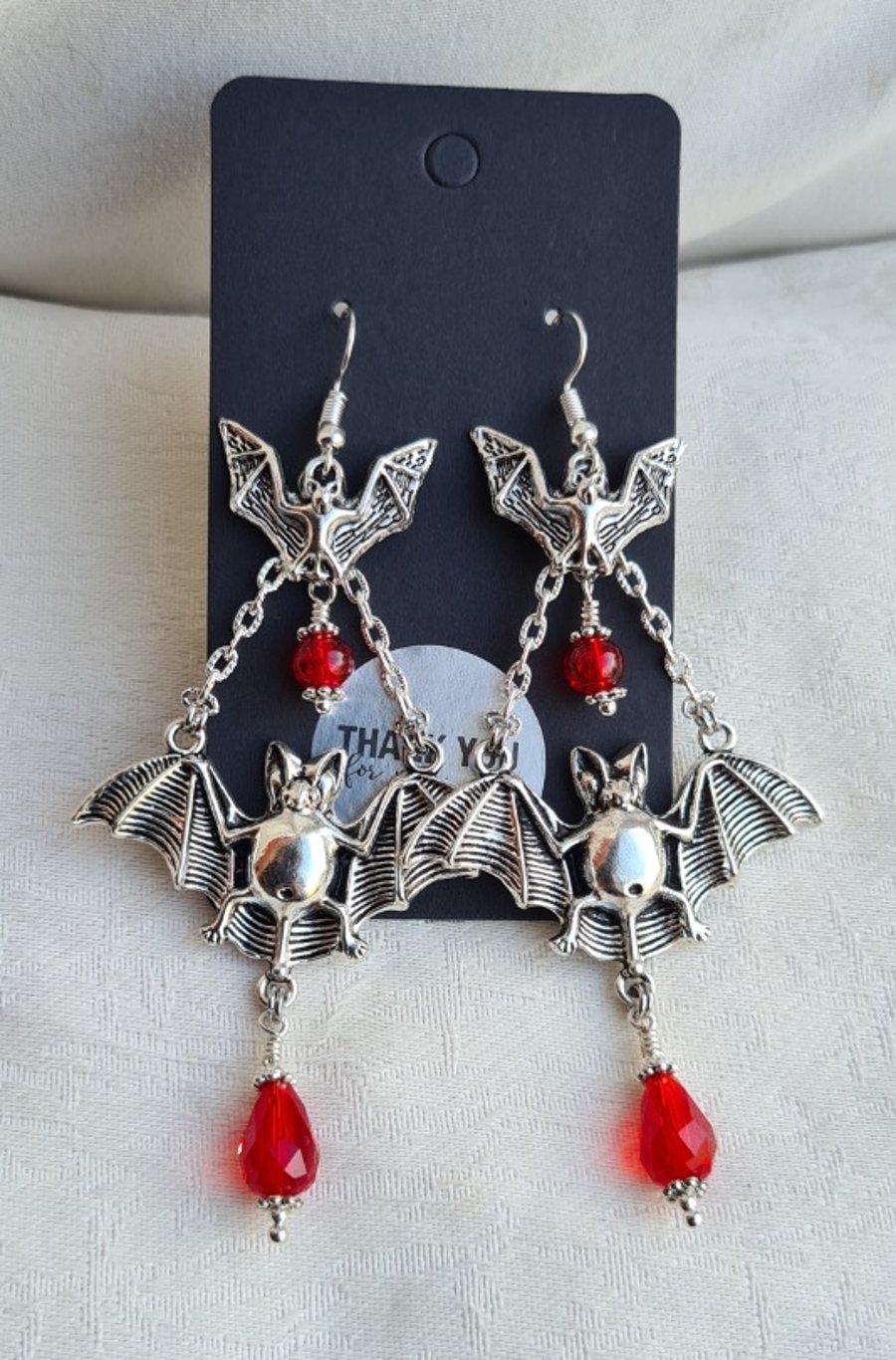 Gorgeous Large Ornate Bat Charm Earrings - Silver Tones