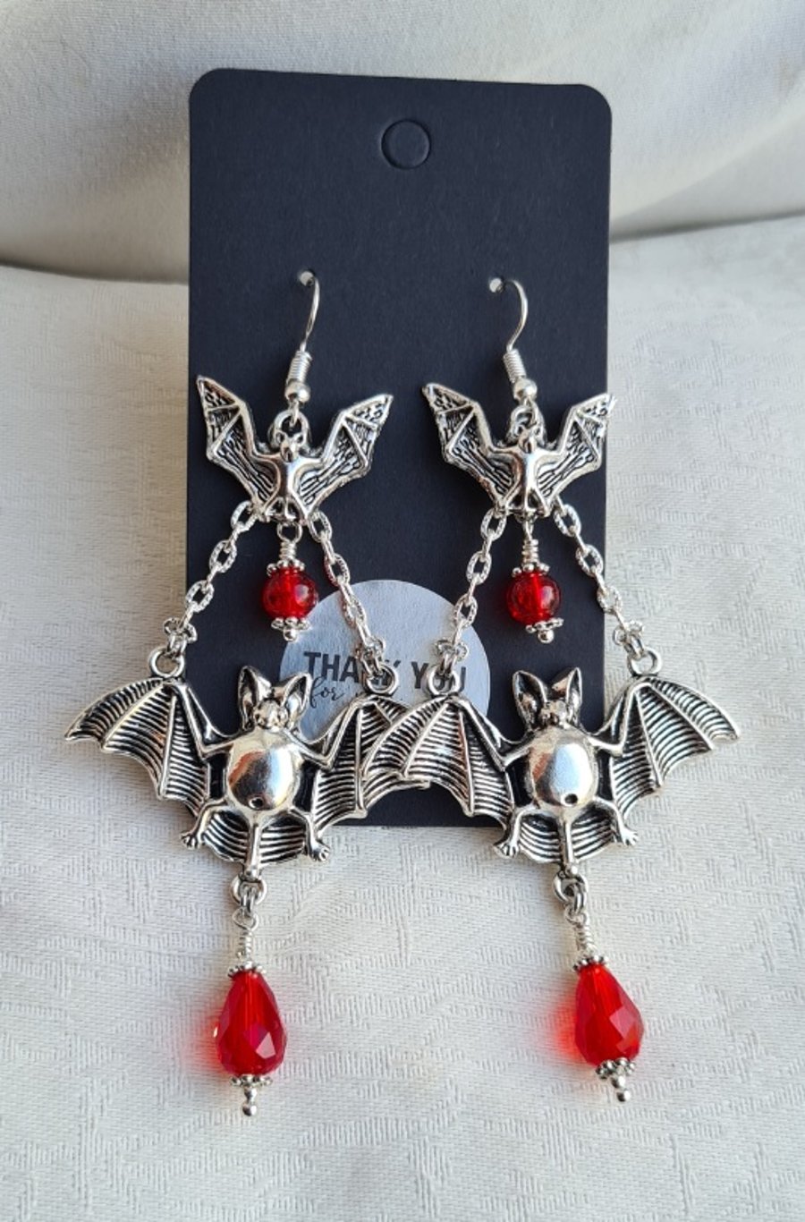 Gorgeous Large Ornate Bat Charm Earrings - Silver Tones