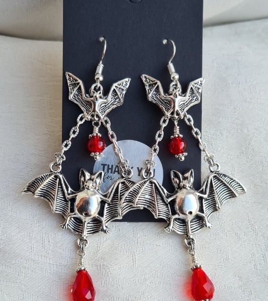 Gorgeous Large Ornate Bat Charm Earrings - Silver Tones