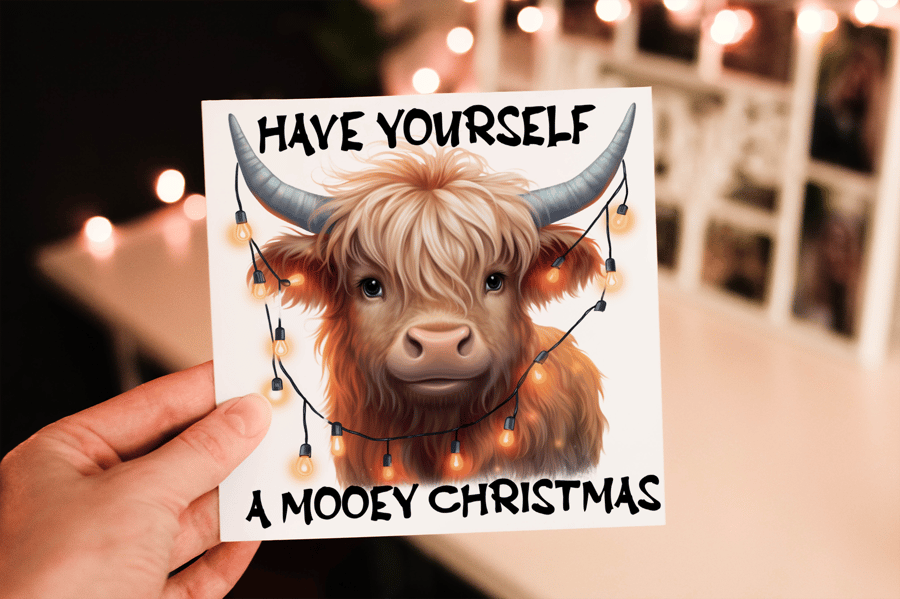Have Yourself A Mooey Christmas Card, Highland Cow Christmas Card, Personalized 