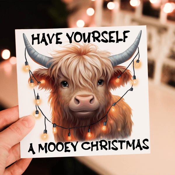 Have Yourself A Mooey Christmas Card, Highland Cow Christmas Card, Personalized 