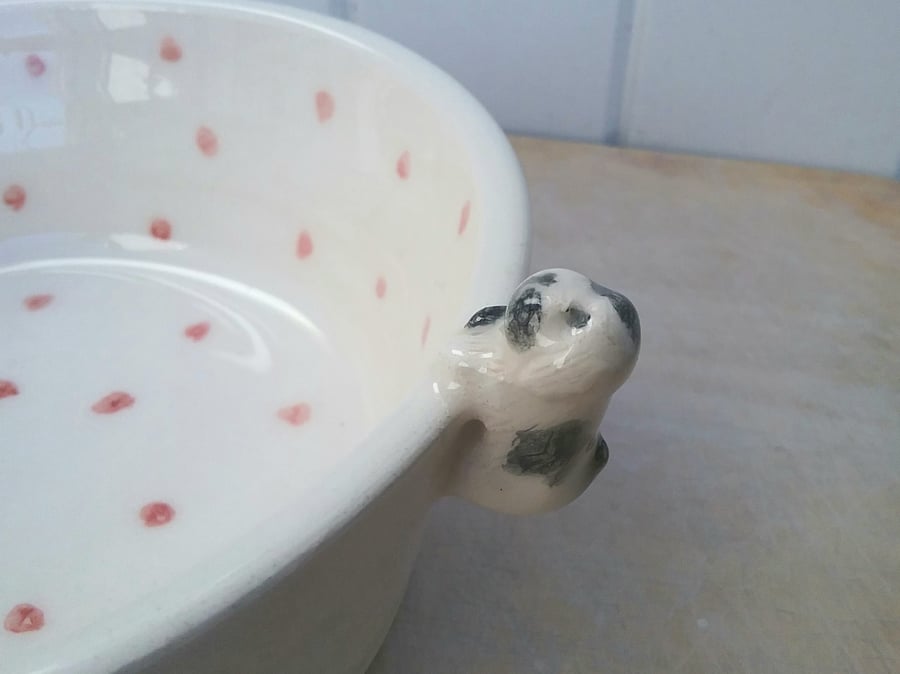 Handmade ceramic dog bowl with red dots, little dog & pawprints Seconds Sunday