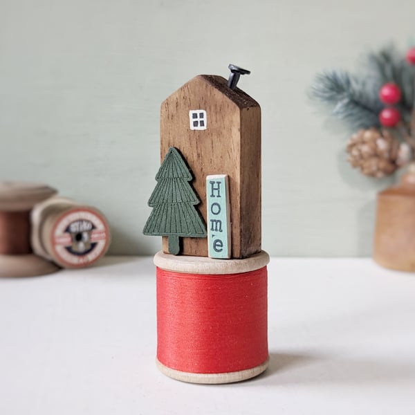 Tall Wooden House on a Vintage Bobbin 'Home' 