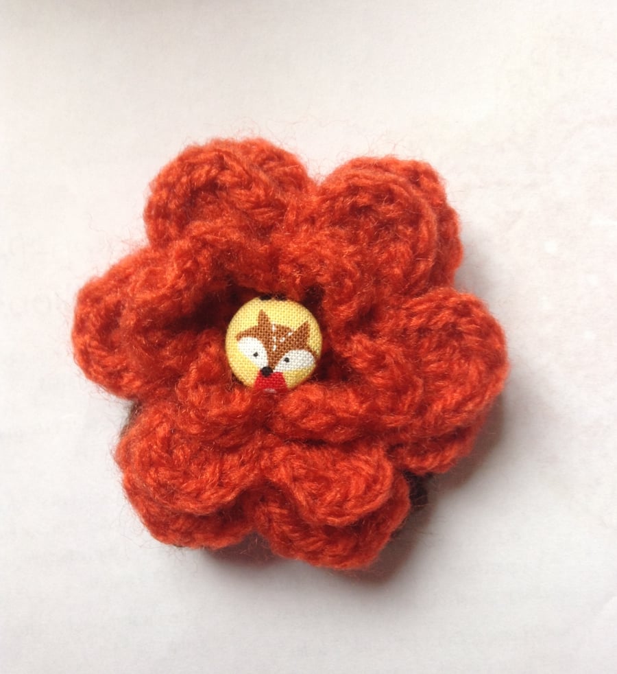 Crochet Flower Brooch Corsage in Burnt Orange