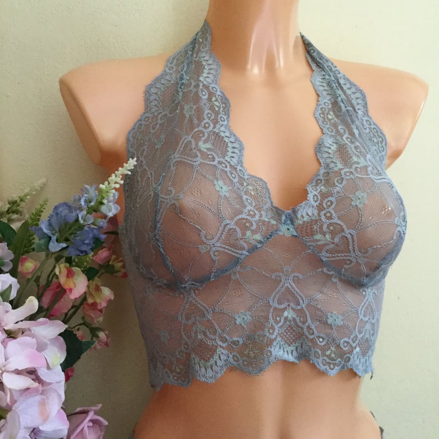 Smokey blue halter bralette in pretty hand dyed scalloped lace