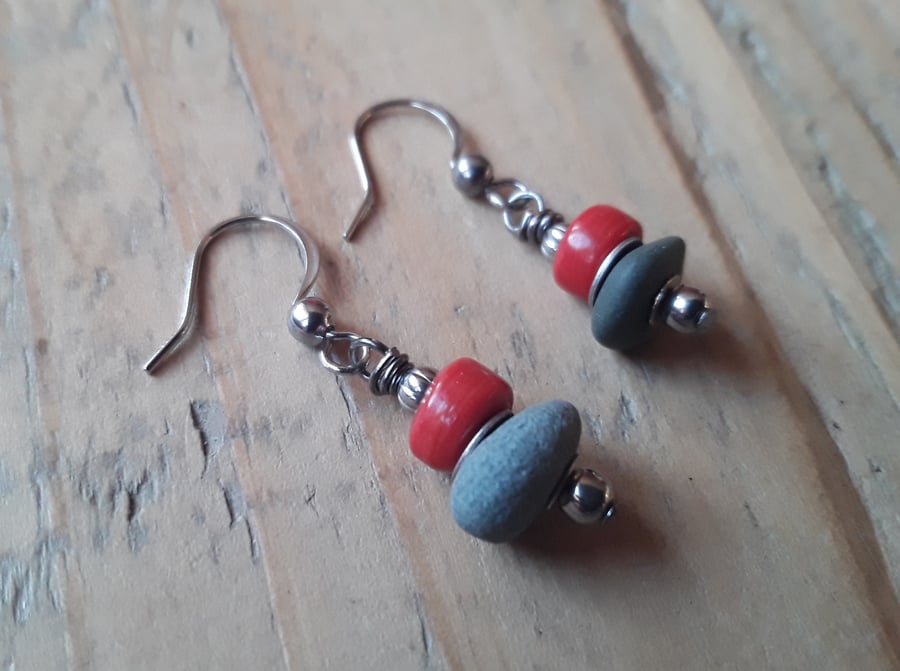 Beach Pebble Earrings with Red