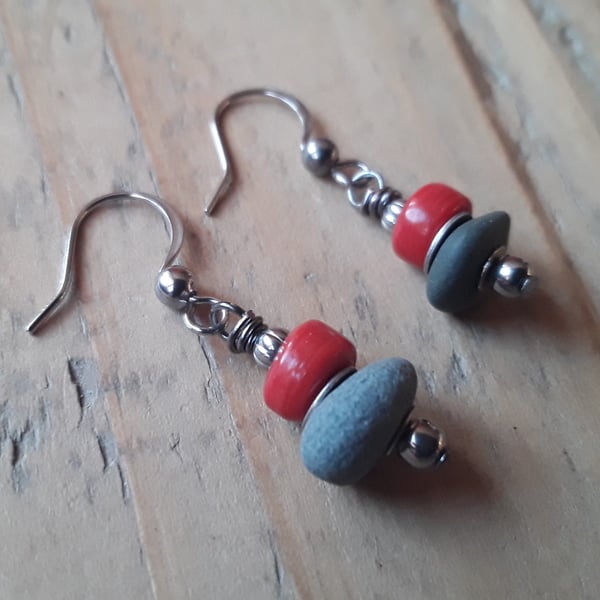 Beach Pebble Earrings with Red