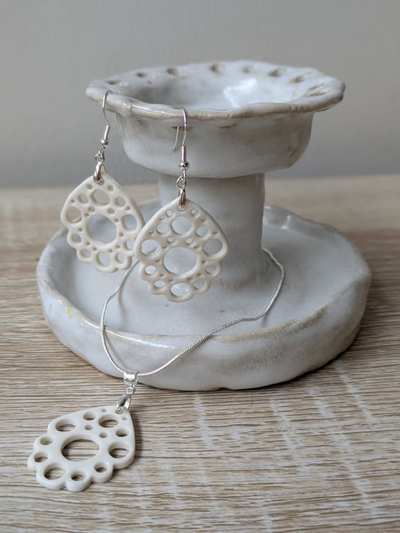 Porcelain and Silver Necklace and Earring Set