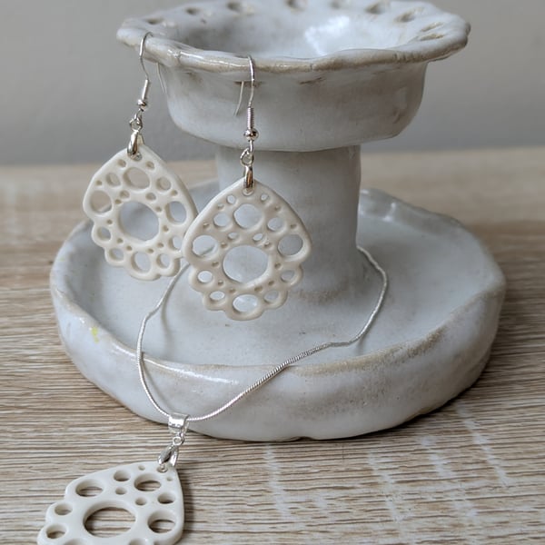 Porcelain and Silver Necklace and Earring Set