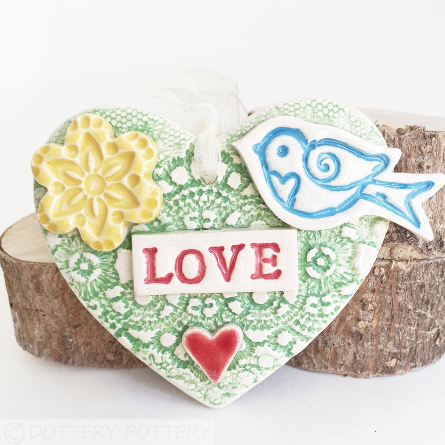 Pottery decoration Love Heart Ceramic lace pattern flower and bird design