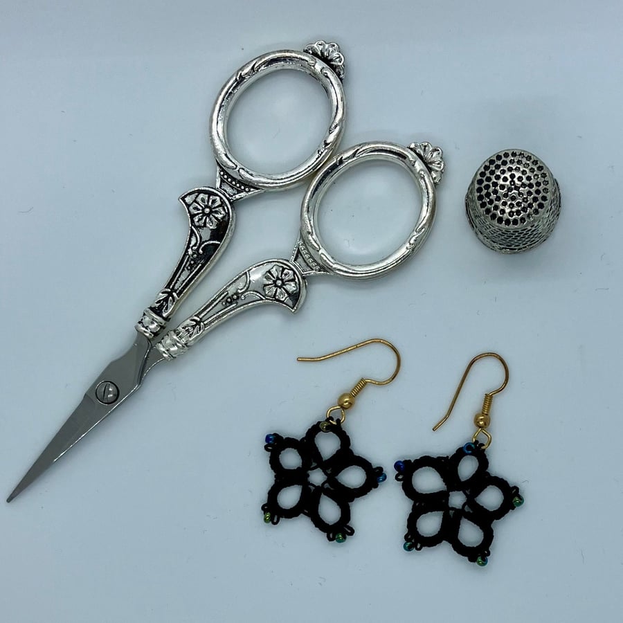 Tatted Black Flower Earrings