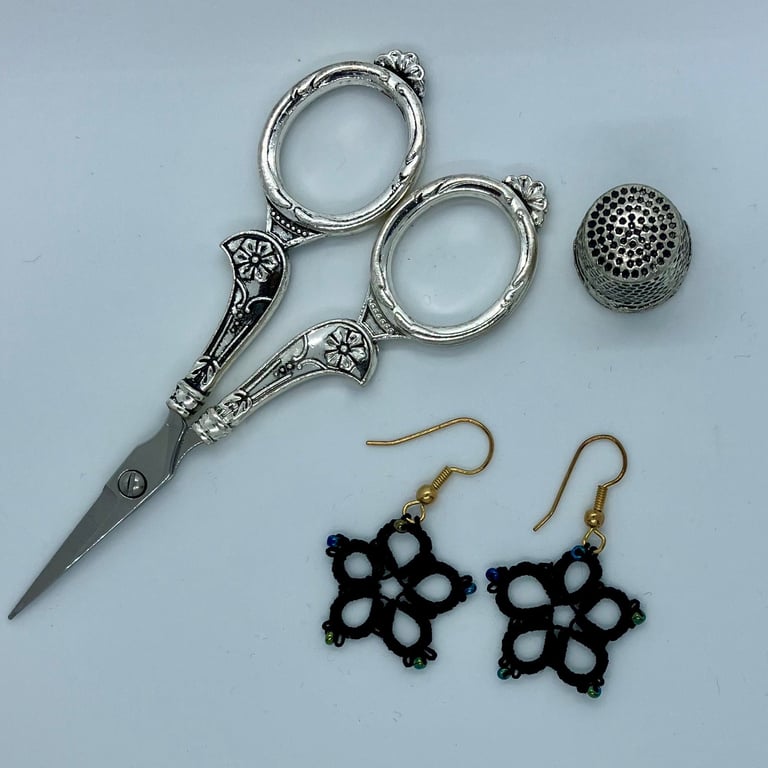 Tatted Black Flower Earrings