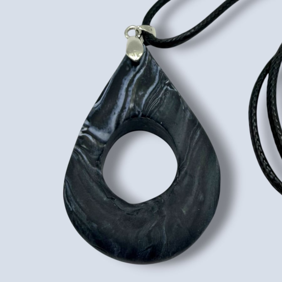 Deep Charcoal Black Marbled Glasses Holder Necklace Circular Opening Pendant