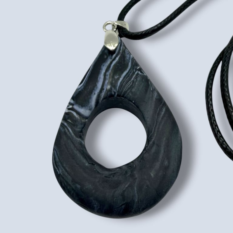 Deep Charcoal Black Marbled Glasses Holder Necklace Circular Opening Pendant