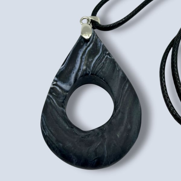 Deep Charcoal Black Marbled Glasses Holder Necklace Circular Opening Pendant