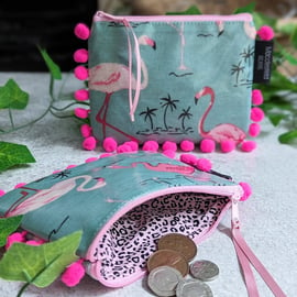 Flamingo Print Oilcloth and Vibrant Pink Pom-pom Pouch Purse (P&P included)