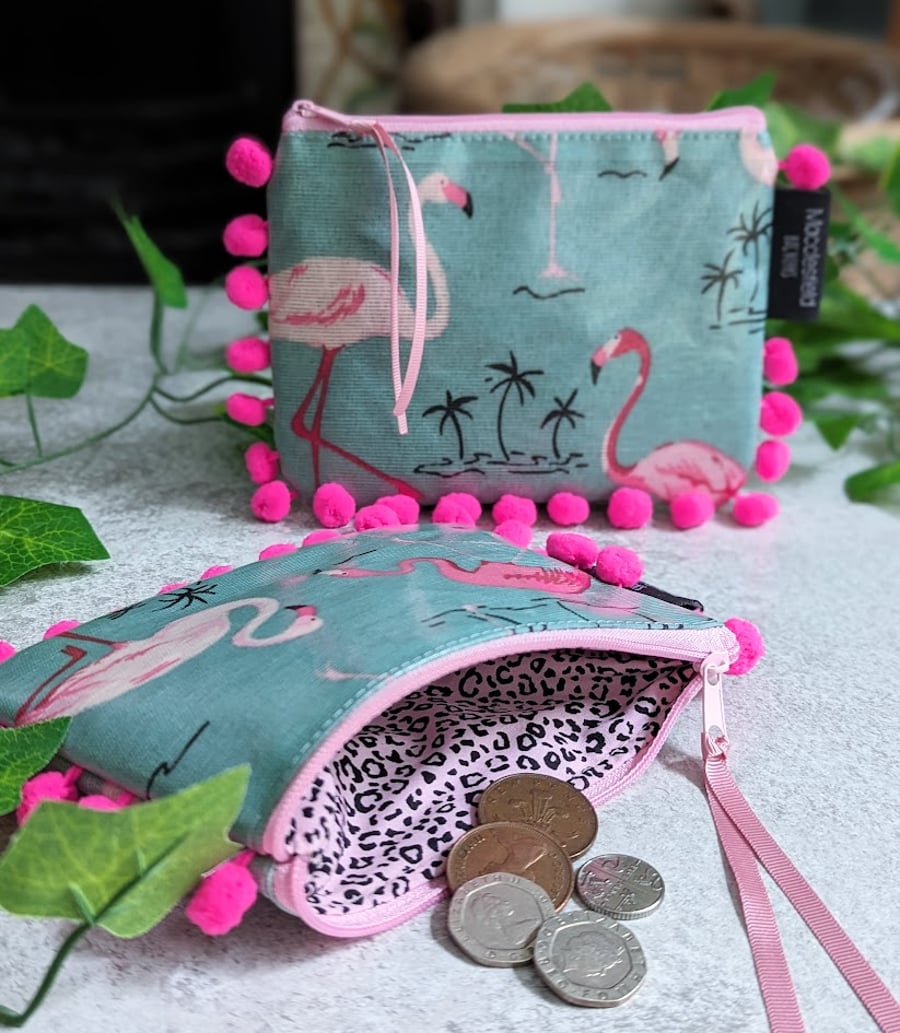 Flamingo Print Oilcloth and Vibrant Pink Pom-pom Pouch Purse (P&P included)