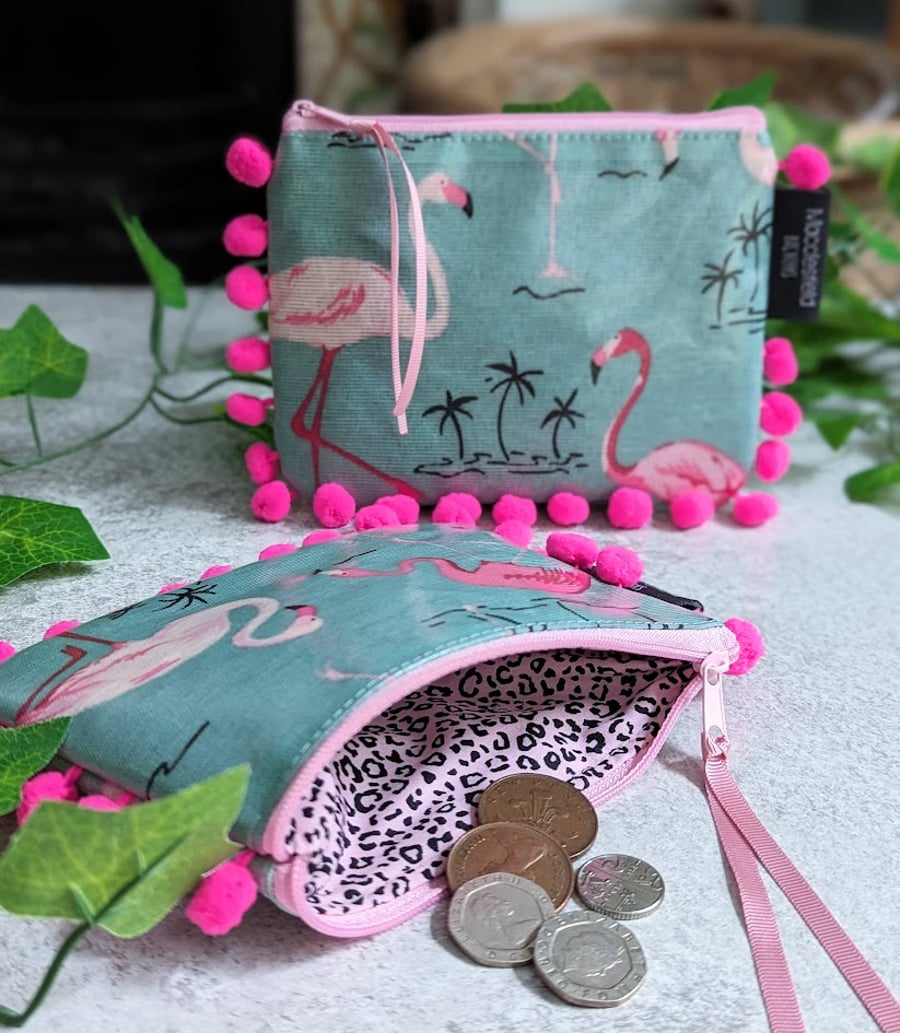 Flamingo Print Oilcloth and Vibrant Pink Pom pom Pouch Purse P P included