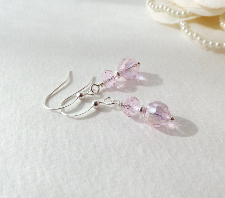 Pink Crystal Silver Earrings, Medium Length Dangle Earrings