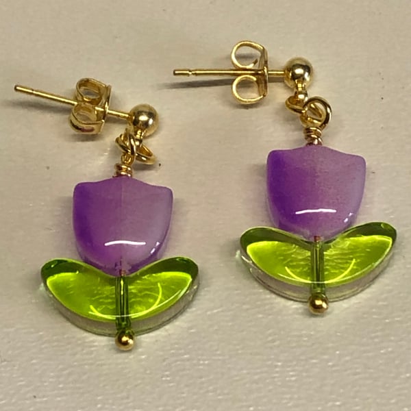 Purple and Green Coloured Glass Tulip Stud Earrings 