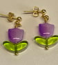 Purple and Green Coloured Glass Tulip Stud Earrings 
