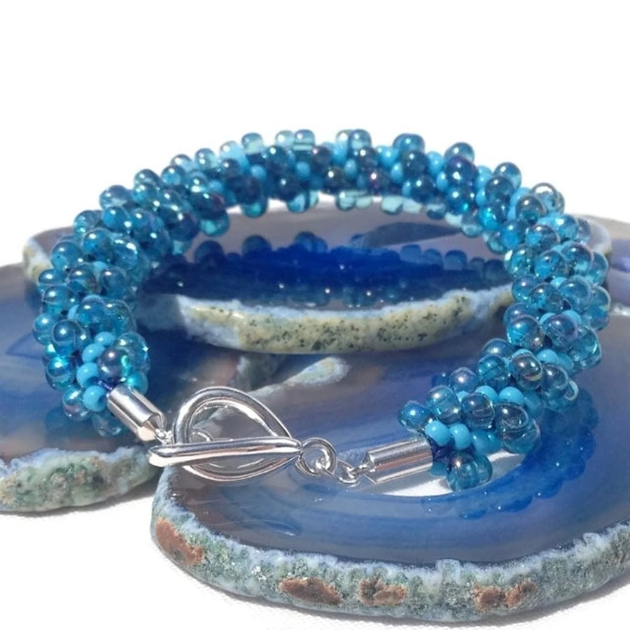 Blue Bubbles Beaded Kumihimo Bracelet