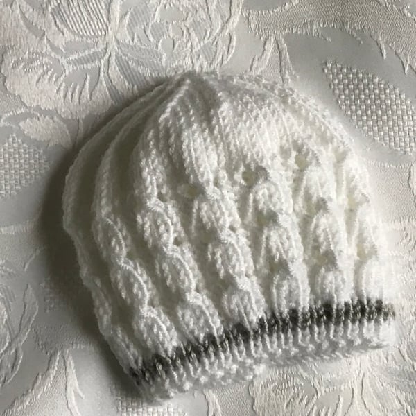 Baby Girl's or Boy's Hand Knitted  White and Grey Beanie  hat, 0 -3 Months