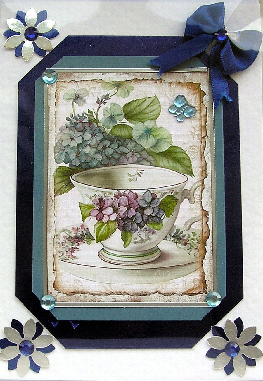 Blue Hydrangea Flower Hand Crafted Decoupage Card - Blank (2542)