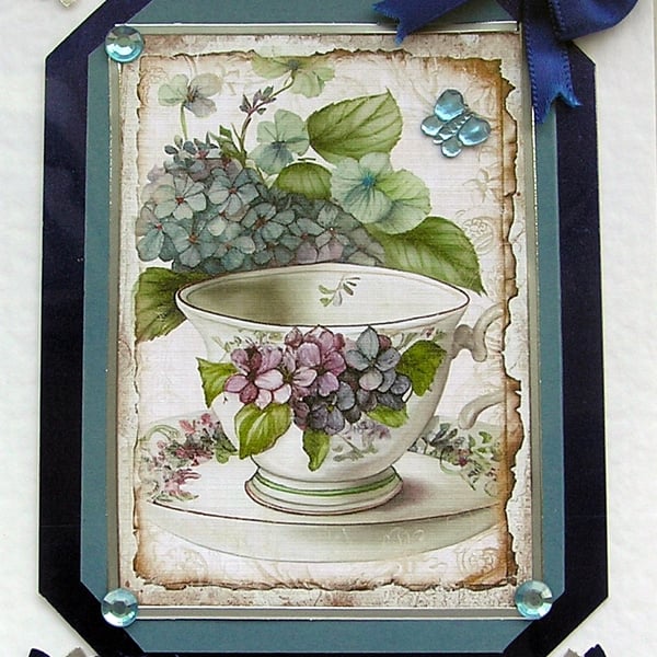 Blue Hydrangea Flower Hand Crafted Decoupage Card - Blank (2542)