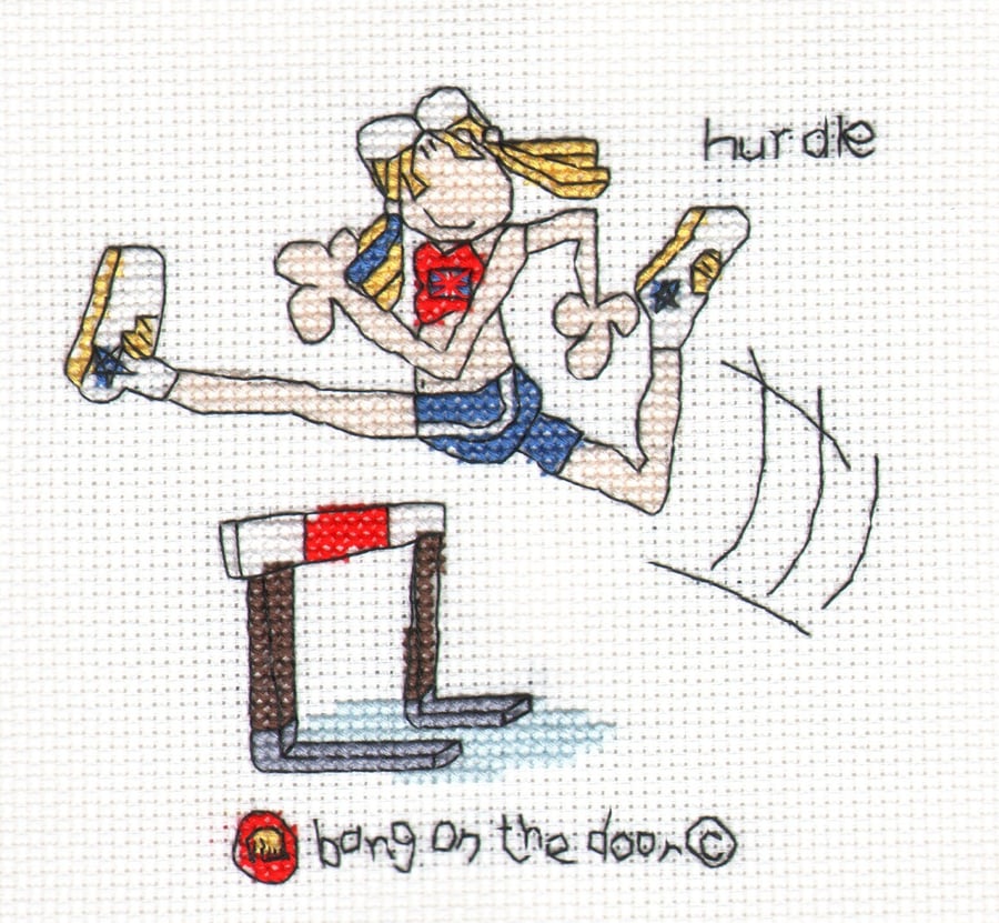 Bang on the door - mini gymnast hurdling cross stitch kit
