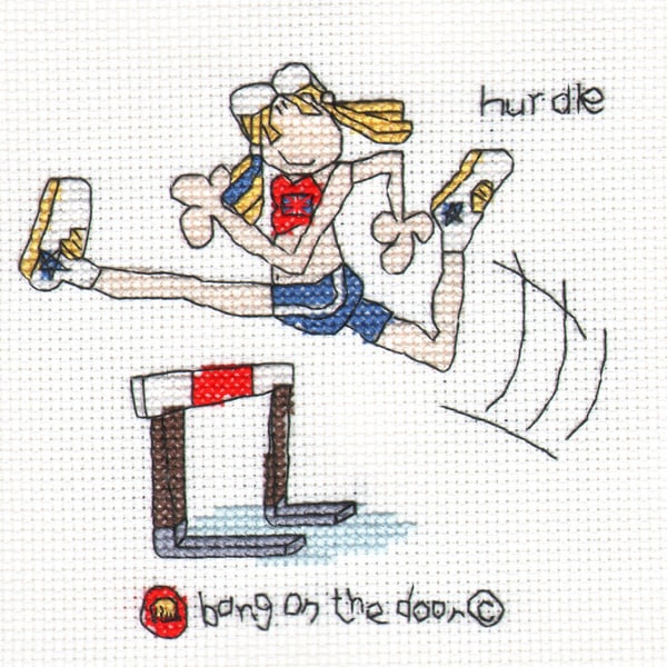 Bang on the door - mini gymnast hurdling cross stitch kit