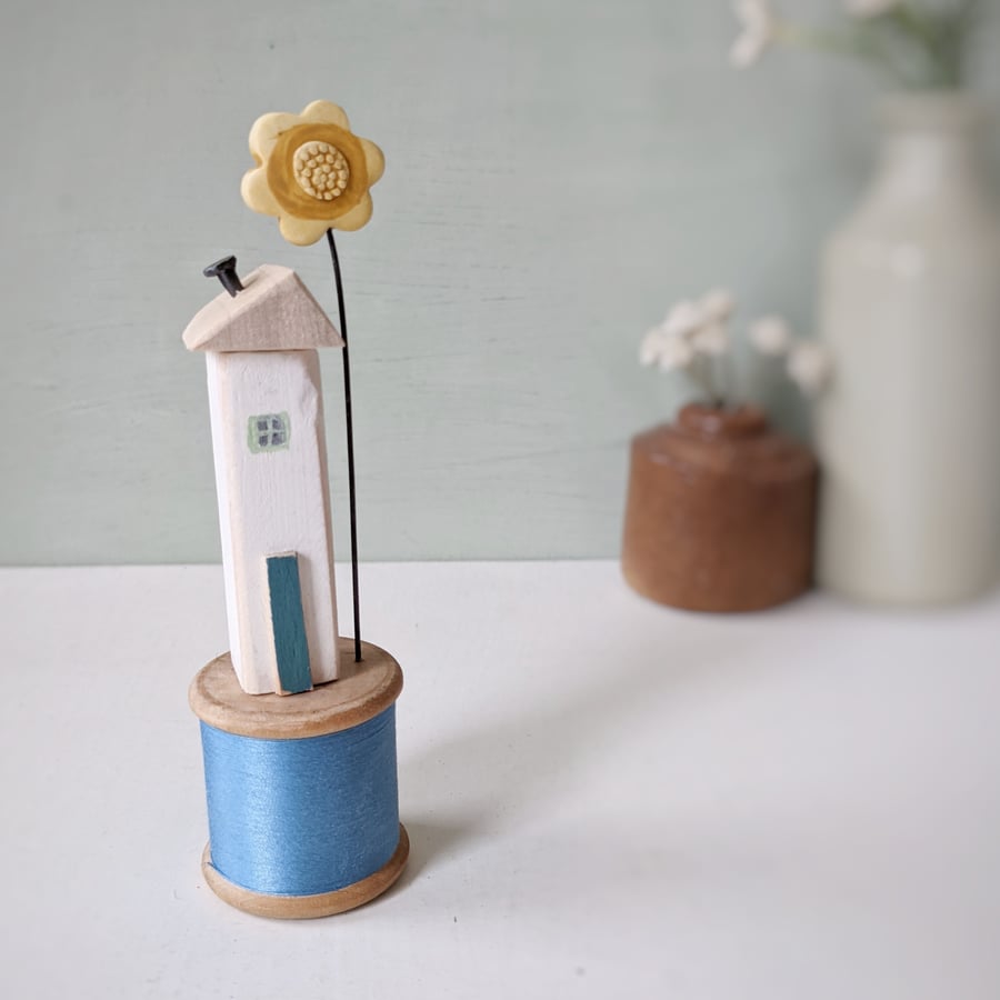 Wooden House on a Vintage Bobbin with Clay Flower