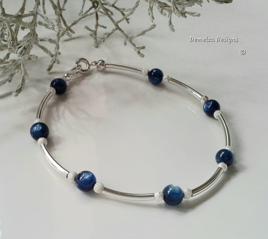 Designer Himalyan Kyanite Noodle Sterling Silver Bracelet 8" INCHES