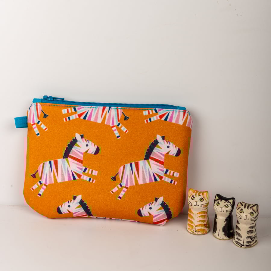 Coin purse with Zebra print – small handmade cotton zip pouch with side clip tag
