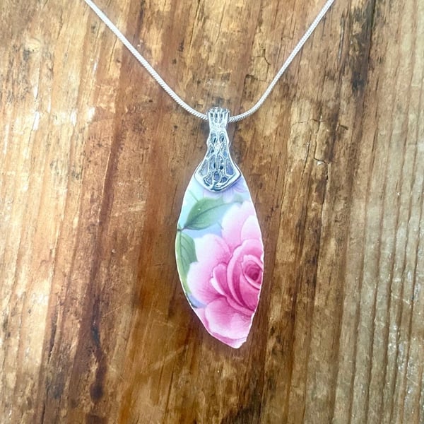 Pink rose vintage crockery pendent on sterling silver chain.