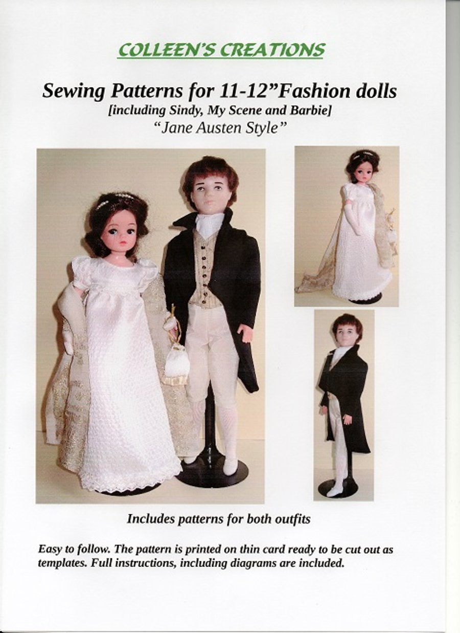 Sewing Patterns for Pair of 11-12" Fashion Dolls, "Jane Austen Style" 1805