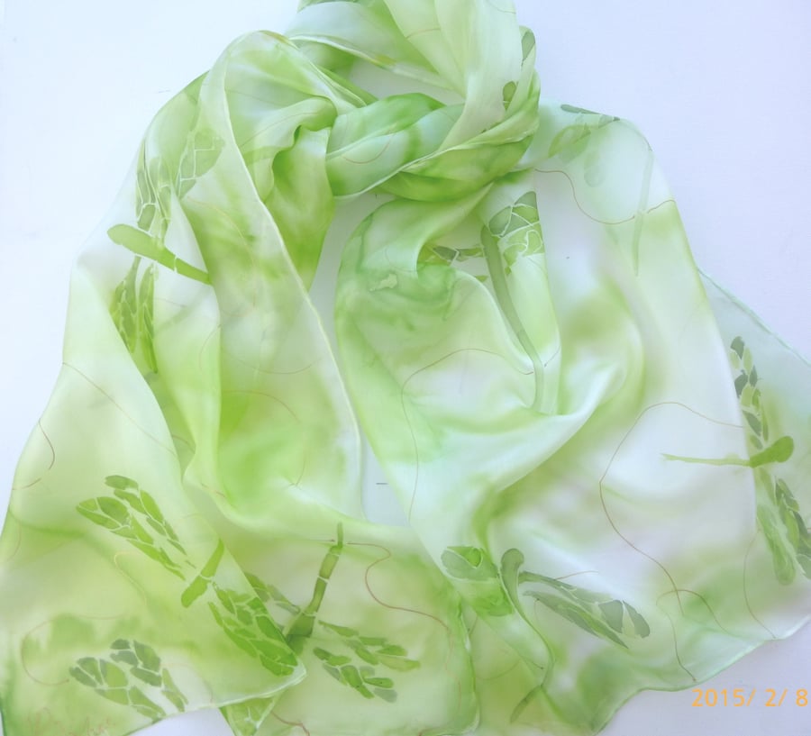 Green Dragonflies hand painted silk scarf