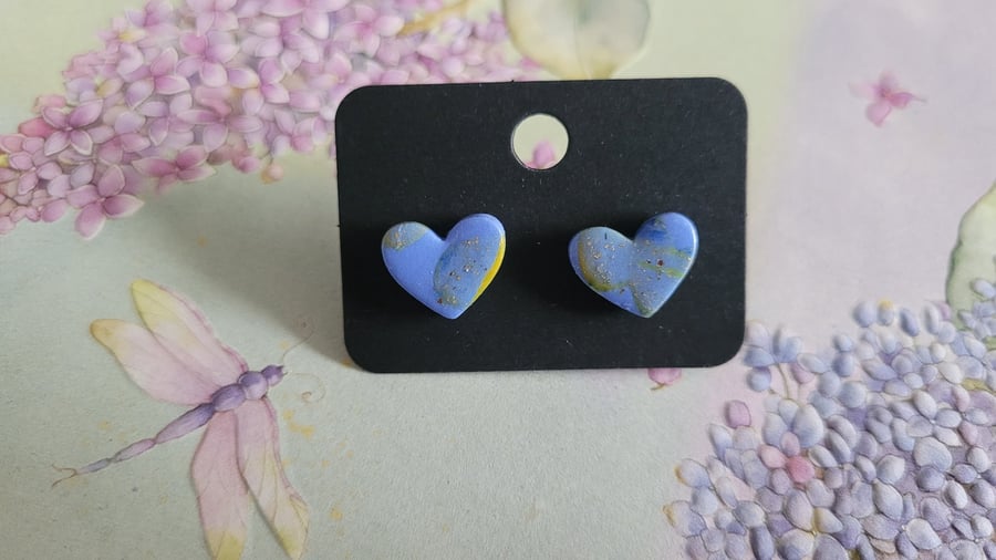 Handmade Polymer Clay Blue Heart Stud Earrings, 316 Surgical Stainless Steel