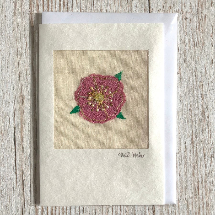 Silk rose birthday card - free motion pink silk embroidered rose on calico