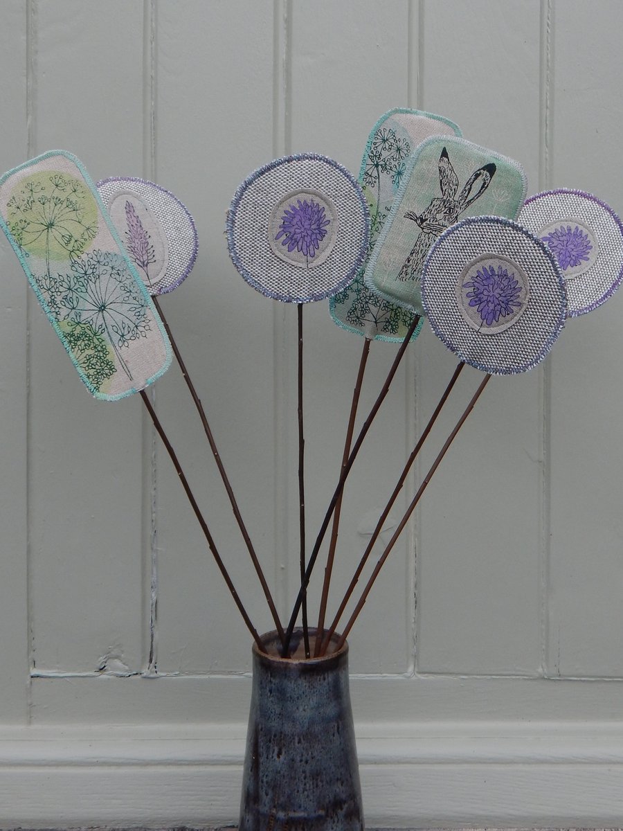 Hare in the wild flowers - Screen printed fabric and willow flowers