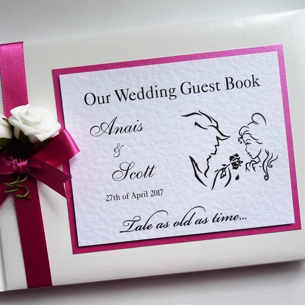 Beauty and the beast wedding guest book, hot pink and white 